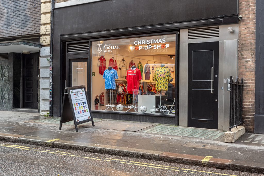 The exterior of the Classic Football Shirts pop-up shop in London